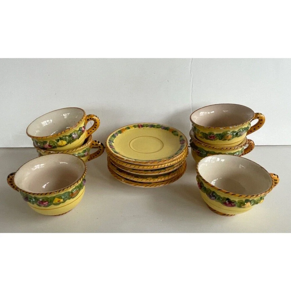 Vtg BITOSSI Italy Della Robbia Coffee Set Cups Saucers Sugar Hand Painted Yellow